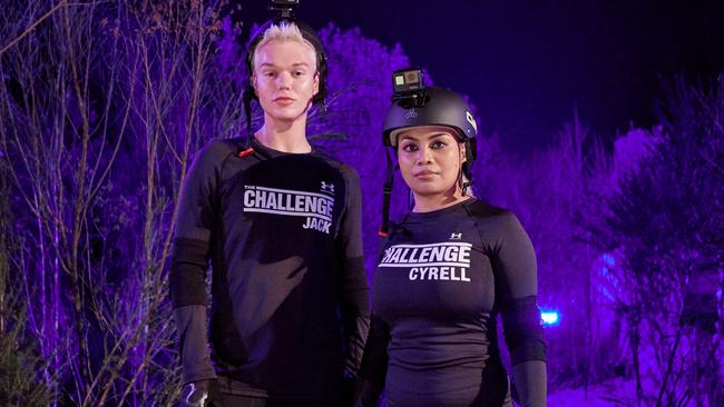 Jack Vidgen and “Cyclone” Cyrell Paule on the set of the Channel 10 reality TV show The Challenge.