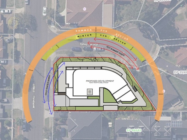 Aerial view of new building, drawn over Google Earth satellite image of street, complete with wind direction lines