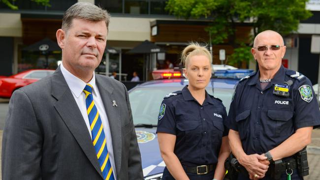 Police Association of SA (PASA) President Mark Carroll with Senior Constables Tash Smith and Paul Jelfs. Picture: AAP / Brenton Edwards