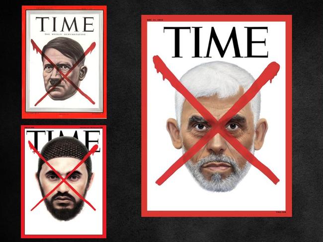 Slain Hamas chief Yahya Sinwar joins (clockwise from top left) Adolf Hitler, Saddam Hussein, Osama bin Laden and Abu Mousab al-Zarqawi in being remembered with a 'Red X' Times Magazine cover.