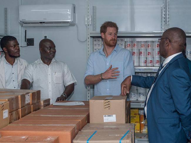 Prince Harry inspects 'Pharmacy in-a-Box' (PiB) at Mauwa Health Centre in Chiradzulu District, southern Malawi. Picture: AFP