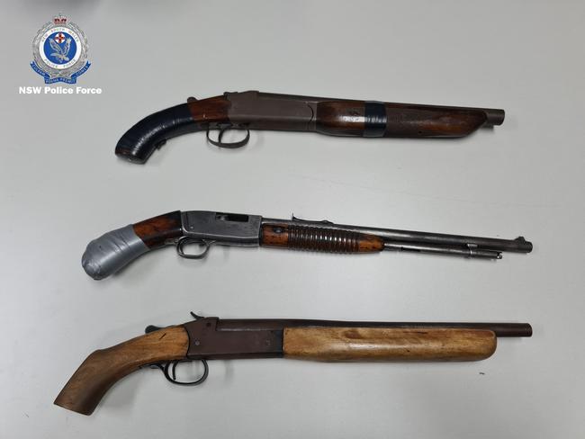 NSW Police seized three firearms from a car near the busy South Coast tourist town of Batemans Bay on May 14, including a shortened .22 rifle, a shortened 12-gauge shotgun, and a smaller gauge shortened shotgun. Picture: NSW Police