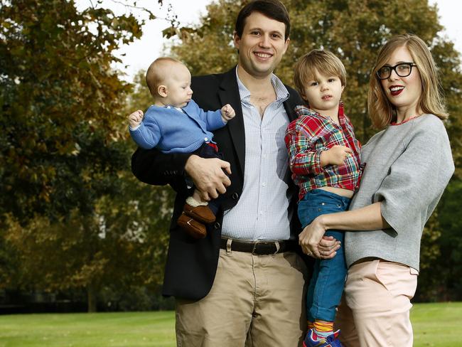 Evan Hughes with his family Teddy Hughes - 3 months Harry Hughes - 2, and Kate Hughes in Rushcutters bay park. Evan Hughes is the Labor Candidate for Wentworth, running against sitting Prime Minister Malcolm Turnbull in the upcoming Federal Election. Picture: John Appleyard