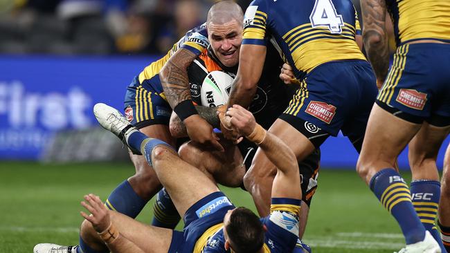 Packer gets verbal with Ryan Matterson after the Eels backrower was left concussed following a collision on Thursday night. Picture: Cameron Spencer/Getty Images