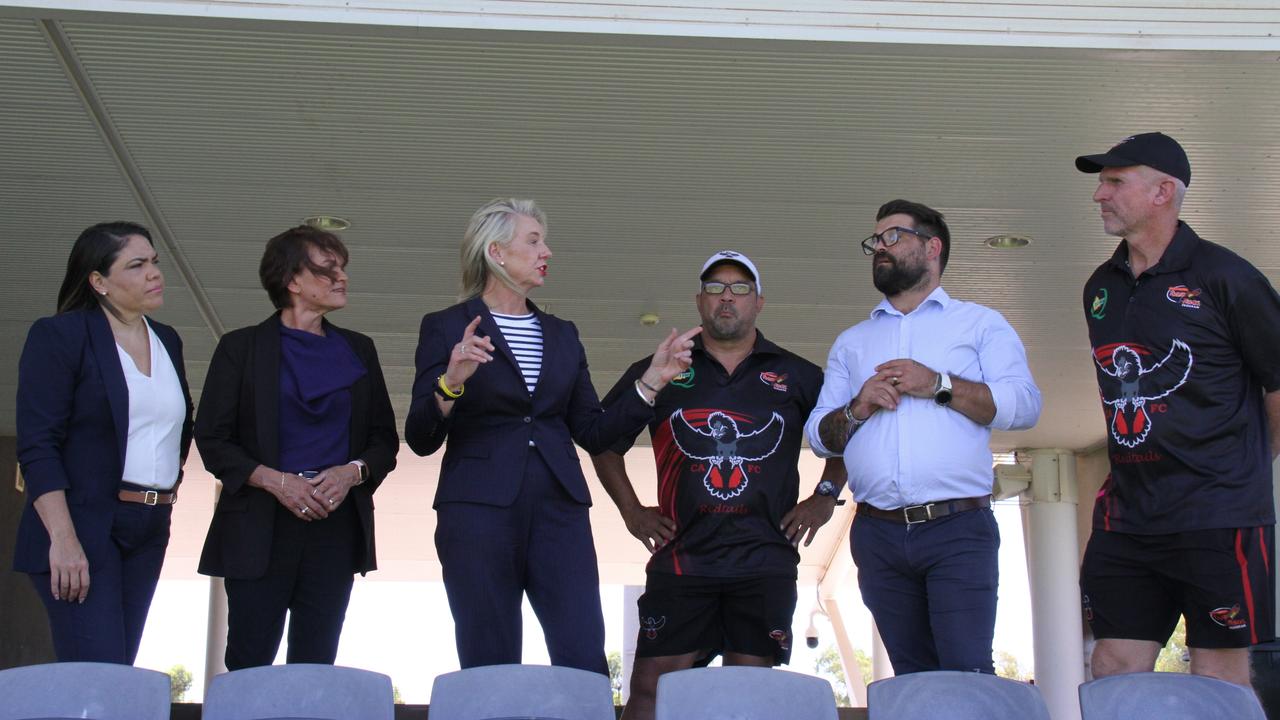 Shadow Minister for Indigenous Australians Jacinta Nampijinpa Price, CLP Lingiari candidate Lisa Siebert, Shadow Minister for Infrastructure, Transport and Regional Development Bridget McKenzie, Redtail's vice-president Ian McAdam, Alice Springs Town Council Mayor Matt Paterson, and Redtail's president Rob Clarke at Traeger Park. Picture: Gera Kazakov