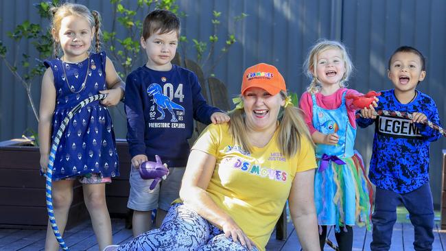 Justine Woodall runs Kids Moves, which provides interactive fitness classes designed for children two years and up. Pictured with Justine are (from left): Tilly, Aiden, Bonnie and Raven. Picture: Tim Marsden