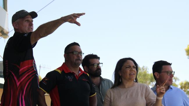 RedTail's Pinktail's Right Tracks program president Rob Clarke, Ian McAdam from the RedTail's Pinktail's Right Tracks program, Alice Springs Town Council Mayor Matt Paterson, Shadow Minister for Indigenous Australians Jacinta Nampijinpa Price, federal National Party leader David Littleproud at Traeger Oval, Alice Springs. Picture: Gera Kazakov