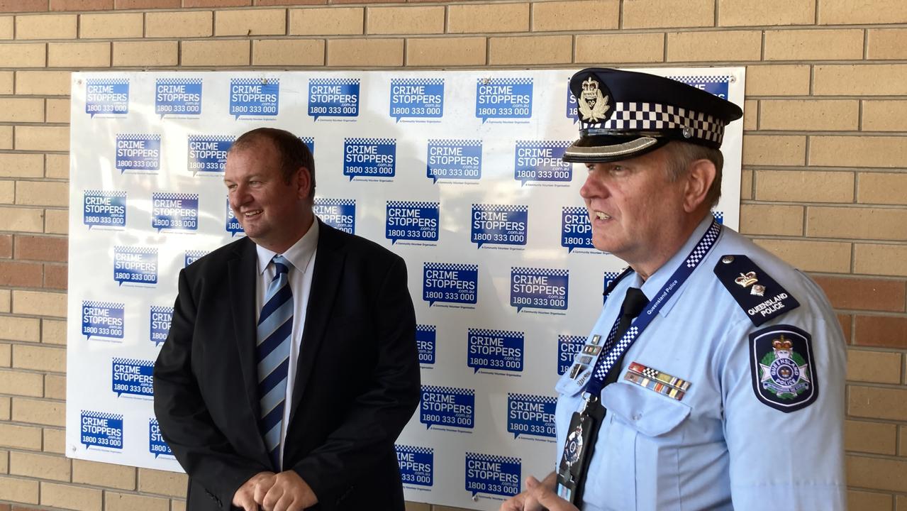 Celebrating a win after police arrested 15 people on property, weapons and drugs charges are Kingaroy Detective Sergeant Scott Prendergast and Darling Downs District Acting Superintendent Danny Shaw. Picture: Michael Nolan