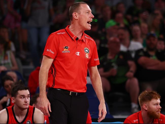 MELBOURNE, AUSTRALIA - NOVEMBER 03: John Rillie, head coach of the Wildcats reacts during the round seven NBL match between South East Melbourne Phoenix and Perth Wildcats at John Cain Arena, on November 03, 2024, in Melbourne, Australia. (Photo by Morgan Hancock/Getty Images)