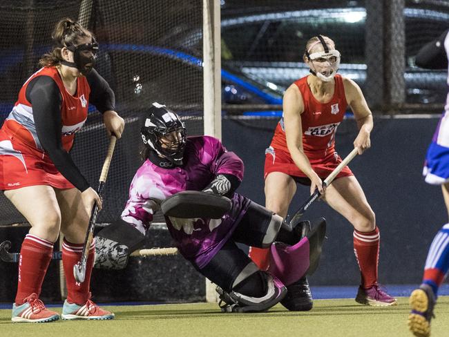 Red Lion including keeper Bobbie Hamlet defend against Rangeville in A1 womens hockey preliminary final at Clyde Park, Friday, September 3, 2021. Picture: Kevin Farmer