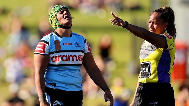 Cowboys recruit Harata Butler of the Sharks reacts as she is sent off in 2023. (Photo by Jeremy Ng/Getty Images)