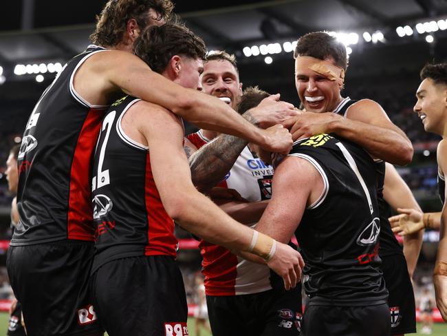 The Saints celebrate Jack Higgins’ goal on Thursday night. Picture: Darrian Traynor/Getty Images