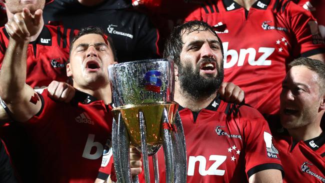 CHRISTCHURCH, NEW ZEALAND - JULY 06:  Sam Whitelock of the Crusaders and team mates pose with the Super Rugby Trophy after winning the Super Rugby Final between the Crusaders and the Jaguares at Orangetheory Stadium on July 06, 2019 in Christchurch, New Zealand. (Photo by Phil Walter/Getty Images)