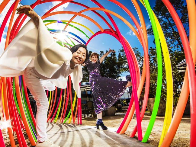 Brisbane Festival.Hiromi TangoÃs outdoor masterpiece, Rainbow Circles (Healing Circles), beckons people into a transformative space of joy and wonder in the garden space outside Metro Arts in West End.Also pictured with Metro Arts Jo Thomas.Picture: NIGEL HALLETT