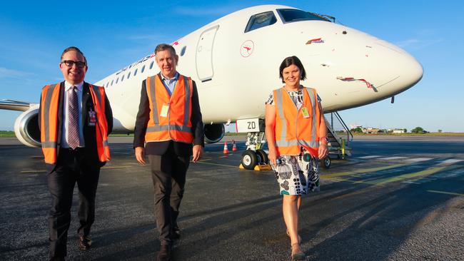 Qantas CEO alan Joyce , NT Chief Minister Michael Gunner and Tourism Minister Natasha Fyles ahead of an announcement of new routes out of Darwin. Picture: Glenn Campbell