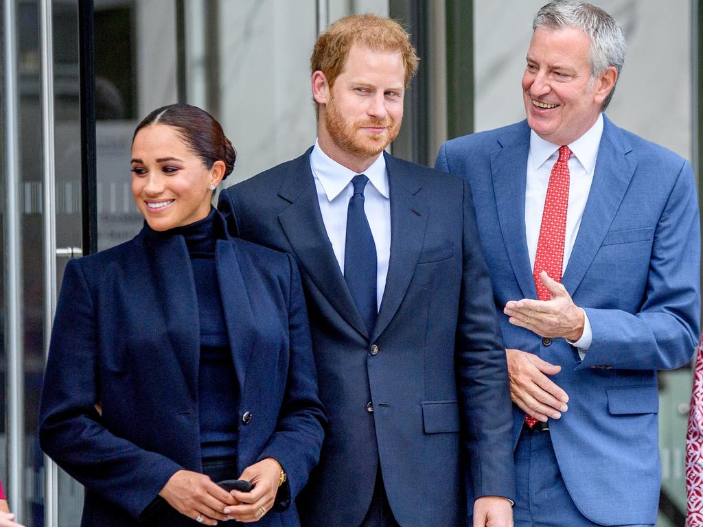 Meghan, Duchess of Sussex and Prince Harry, Duke of Sussex and New York City Mayor Bill De Blasio visit One World Observatory. Picture: Getty Images