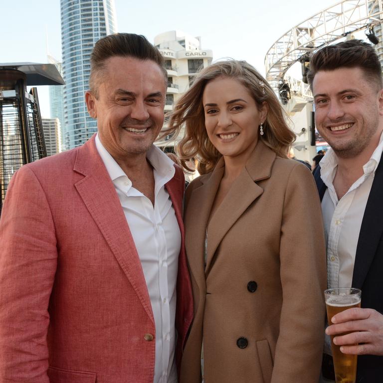 Patrick Donohue, Jessica Pickering and Ben Booth at the opening of Cali Beach Club, Surfers Paradise. Picture: Regina King