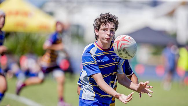 Day One of King of the Country rugby tournament at James Overell Park, Southport. possible. Sunshine Coast Invitational Barbarians U13s (Blue/yellow) v USQ Saints U13s (with ball). Picture: Jerad Williams