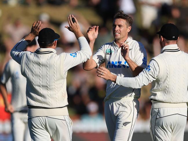 New Zealand's Tim Southee (C) celebrates another cheap dismissal of Labuschagne. Picture: Getty