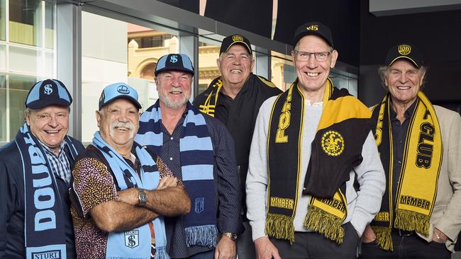 Phil 'Sandy' Nelson, Michael Graham, Robbert Klomp, Peter Carey, Neville Caldwell, and Graham Cornes in Adelaide, ahead of the SANFL grand final, Wednesday, Sept. 20, 2023. Picture: Matt Loxton