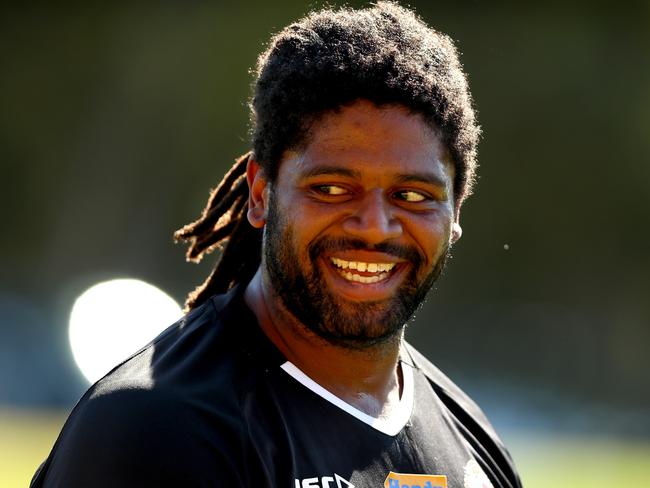 Jamal Idris is all smiles at Wests Tigers training. Picture: Gregg Porteous