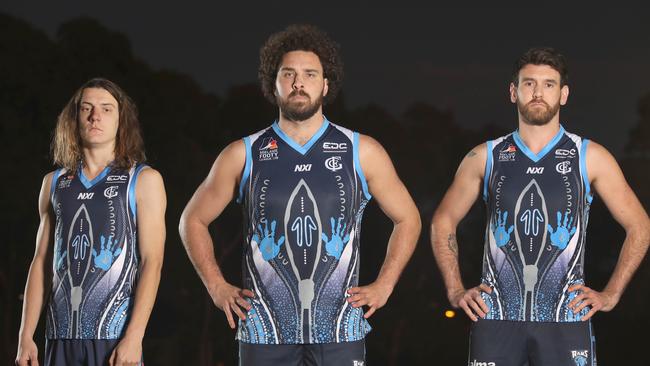 Glenunga Rams star Abe Davis (middle) with teammates Sam Abell (right) and Kai Rankine. Picture: Dean Martin