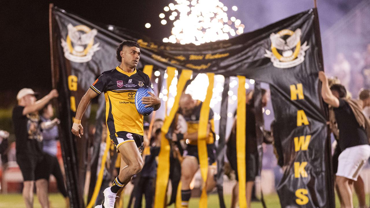 Blake Appo runs out for Gatton against Valleys in TRL Hutchinson Builders A-grade grand final rugby league at Toowoomba Sports Ground, Saturday, September 14, 2024. Picture: Kevin Farmer