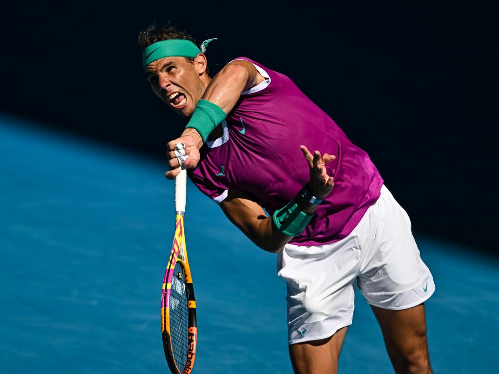 Rafael Nadal’s is landing less of his first serves than he used to but is benefiting from a higher risk game. Picture: TPN/Getty Images.