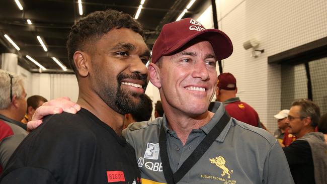 West Coast’s Liam Ryan poses with Subiaco coach Jarrad Schofield after the WAFL grand final between Subiaco and West Perth at Optus Stadium in Perth. Picture: Paul Kane/Getty