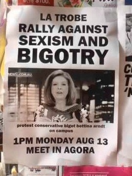 Psychologist Bettina Arndt's picture on a protest poster at La Trobe University in Melbourne.