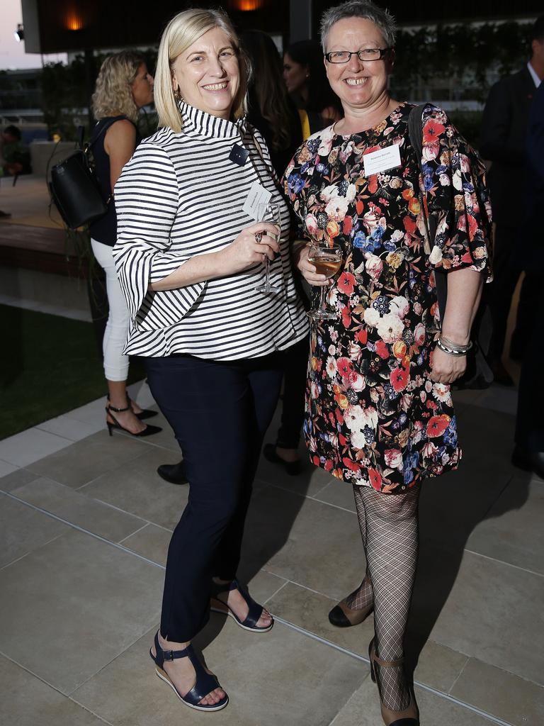 Bronwyn Harch and Rowena Barrett at the Green Deck, Parliament House for the opening night of Queensland’s premier international tech and innovation event QODE. Picture: AAP Image/Josh Woning