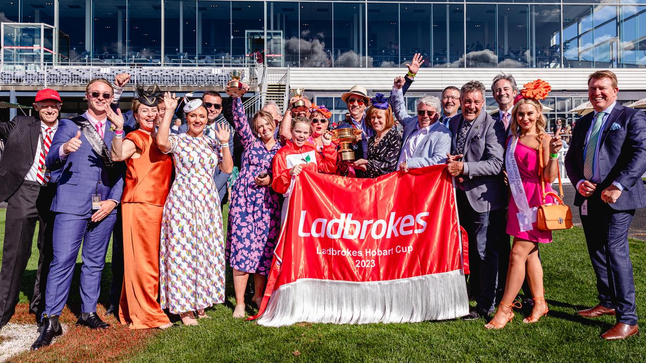Hobart Cup winning Jockey, Winona Costin with her Excellency, Barbara Baker, the Governor of Tasmania and the owners and connections of Military Mission. Picture: Linda Higginson