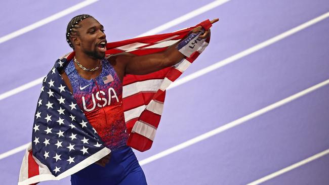 Noah Lyles celebrates after winning the men's 100m final. Picture: AFP