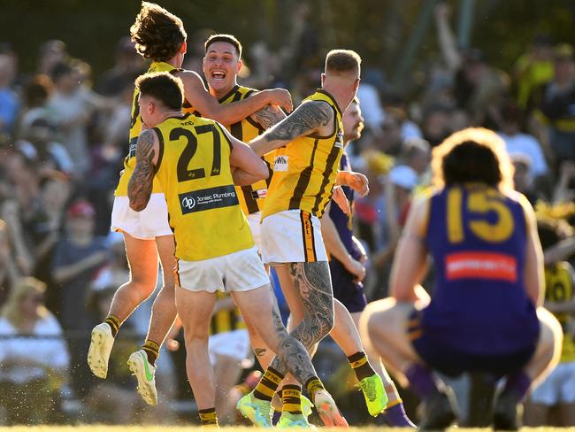 Rowville celebrate winning the 2023 Eastern Football Netball League Premier Division Seniors Grand Final match between Vermont and Rowville at Bayswater Oval in Bayswater, Victoria on September 16, 2023. (Photo by Josh Chadwick)