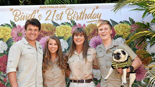 HAPPY BIRTHDAY: Cellarbrations at Australia Zoo as Bindi Irwin turns 21. Chandler Powell, Bindi, Terri and Robert Irwin. Picture: Patrick Woods