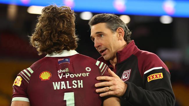 QLD Maroons coach Billy Slater shakes hands with Reece Walsh of the Maroons after game three of the 2024 Men's State of Origin series between Queensland Maroons and New South Wales Blues at Suncorp Stadium on July 17, 2024 in Brisbane, Australia. (Photo by Chris Hyde/Getty Images)