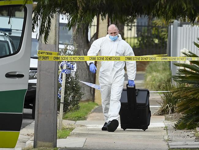 Forensic crime investigators  at the scene of a suspicious death on Medina street Taperoo where a 60 year old man was found deceased and  58 year old woman is helping police  .Sunday,July,7,2024.Picture Mark Brake