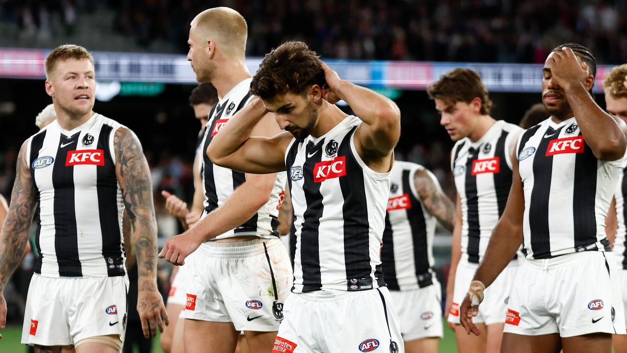 MELBOURNE, AUSTRALIA - MARCH 21: Josh Daicos of the Magpies looks dejected after a loss during the 2024 AFL Round 02 match between the St Kilda Saints and the Collingwood Magpies at the Melbourne Cricket Ground on March 21, 2024 in Melbourne, Australia. (Photo by Michael Willson/AFL Photos via Getty Images)