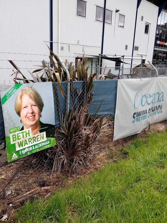 Clarence candidate Beth Warren's signs in the bin. Pic: Dean Ewington.