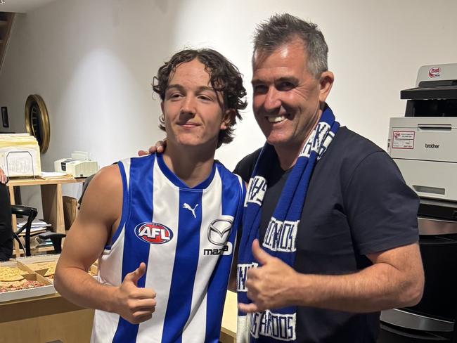 River Stevens and dad, Anthony, after he was drafted to North Melbourne. Picture: Supplied