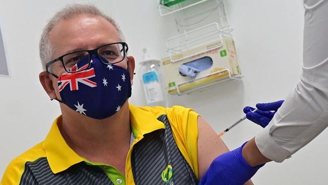 The Prime Minister receives a dose of the Pfizer vaccine at the Castle Hill Medical Centre in Sydney last February. Picture: AFP