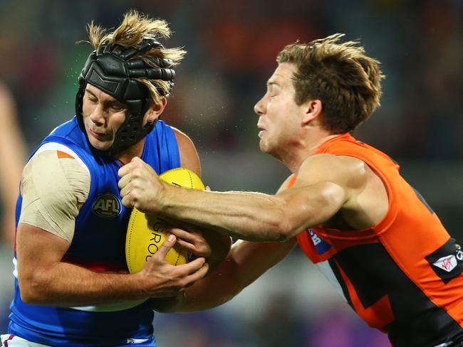 Toby Greene copped two weeks for this hit on Caleb Daniel. How does it compare to Houli’s hit on Jed Lamb? Picture: Getty Images