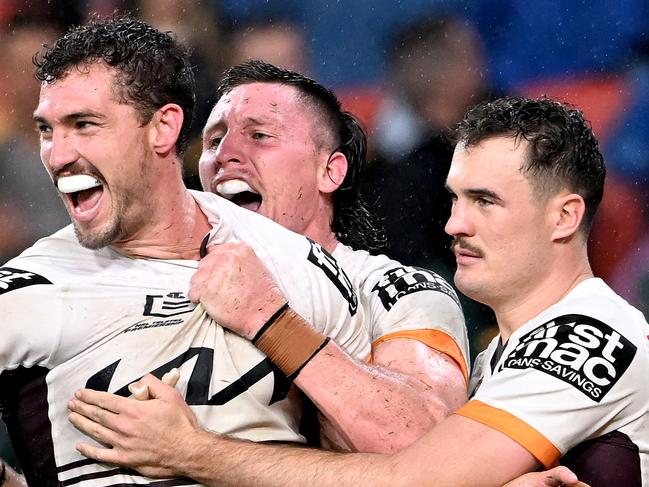 BRISBANE, AUSTRALIA - MAY 13: Corey Oates of the Broncos celebrates scoring a try during the round 10 NRL match between the Manly Sea Eagles and the Brisbane Broncos at Suncorp Stadium, on May 13, 2022, in Brisbane, Australia. (Photo by Bradley Kanaris/Getty Images)