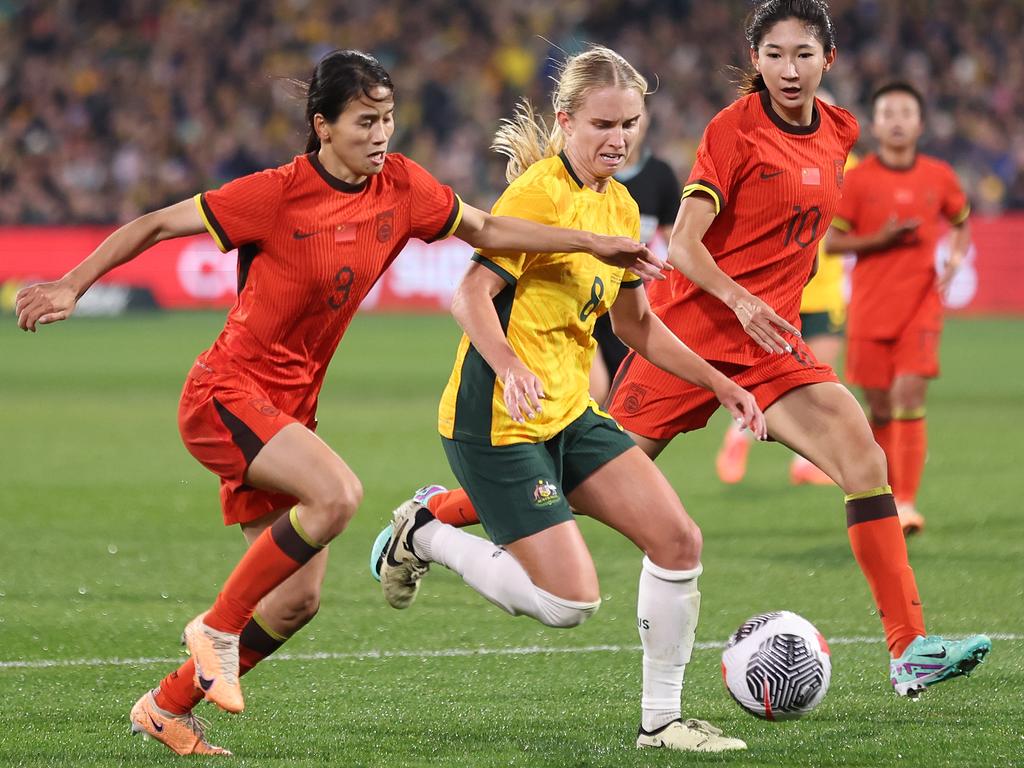 Kaitlyn Torpey fights for the ball during an international friendly against China. Picture: Getty Images