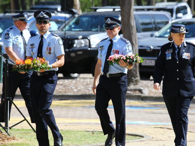 Mourners at the memorial service with full police honours for constables Rachel McCrow and Matthew Arnold at Brisbane Entertainment Centre. Picture: David Clark