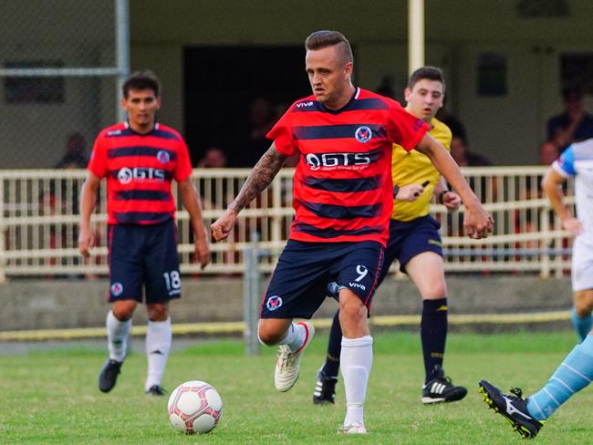 Nerang Eagles midfielder Shaun Robinson driving with the ball and on his way to scoring a brace during Nerang's commanding 4-1 victory over visiting Brisbane side Grange Thistle Soccer at Glennon Park in Nerang. Picture: Luke Sorensen