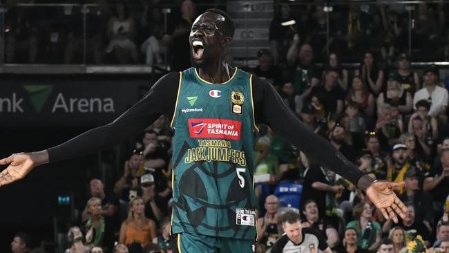 HOBART, AUSTRALIA - JANUARY 10: Majok Deng of the Jackjumpers pumps up the crowd during the round 16 NBL match between Tasmania Jackjumpers and Adelaide 36ers at MyState Bank Arena, on January 10, 2025, in Hobart, Australia. (Photo by Simon Sturzaker/Getty Images)