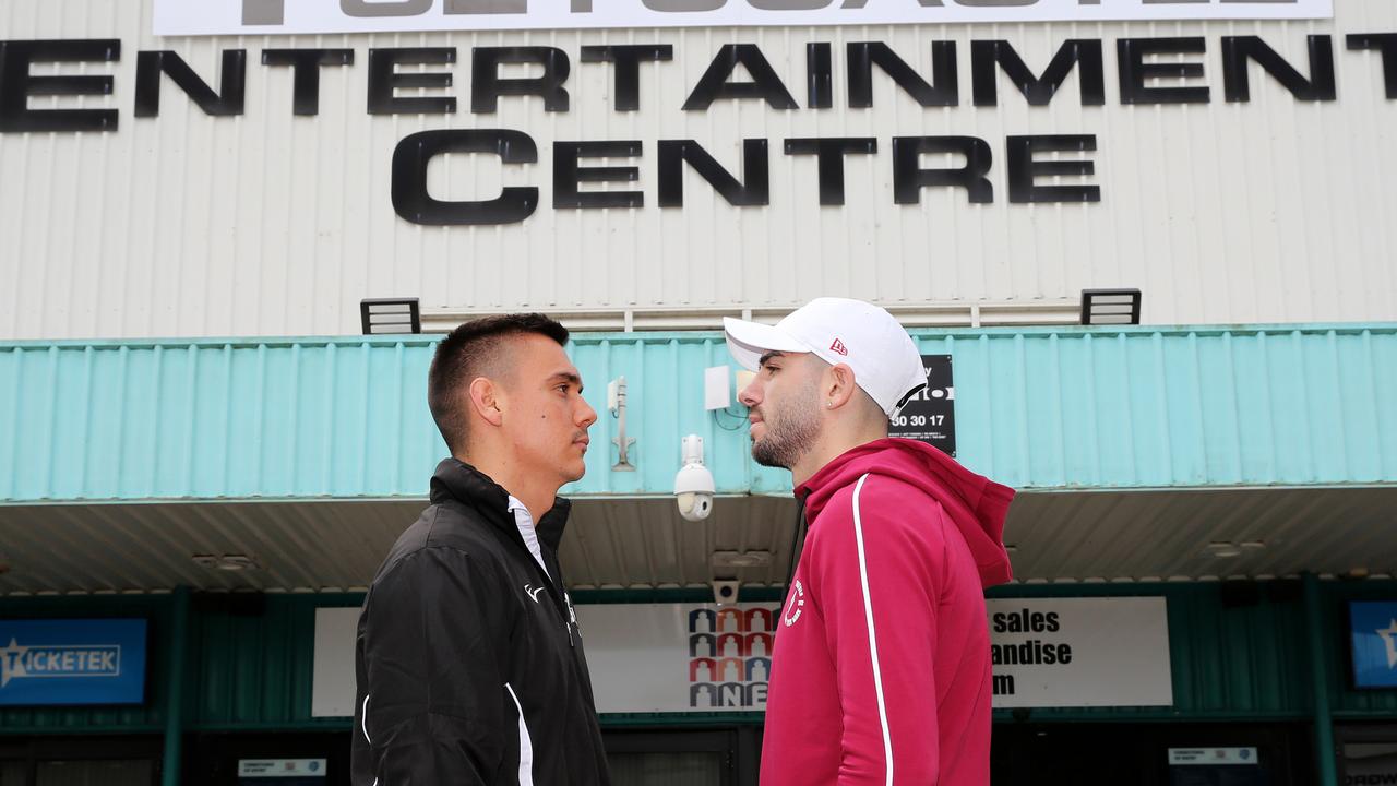 NEWCASTLE, AUSTRALIA - MAY 11: Tim Tszyu and Michael Zerafa out the front of the newly named Newcastle Entertainment Centre on May 11, 2021 in Newcastle, Australia. (Photo by Peter Lorimer/Getty Images)