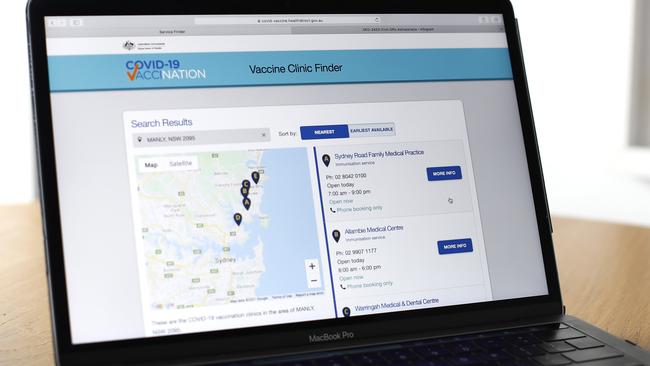 The Australian Government COVID Vaccine Clinic Finder website. Picture: Ryan Pierse/Getty Images