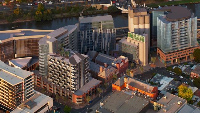 An aerial rendering showing how the completed Malt District redevelopment of the Nylex clock site by Caydon is expected to look.